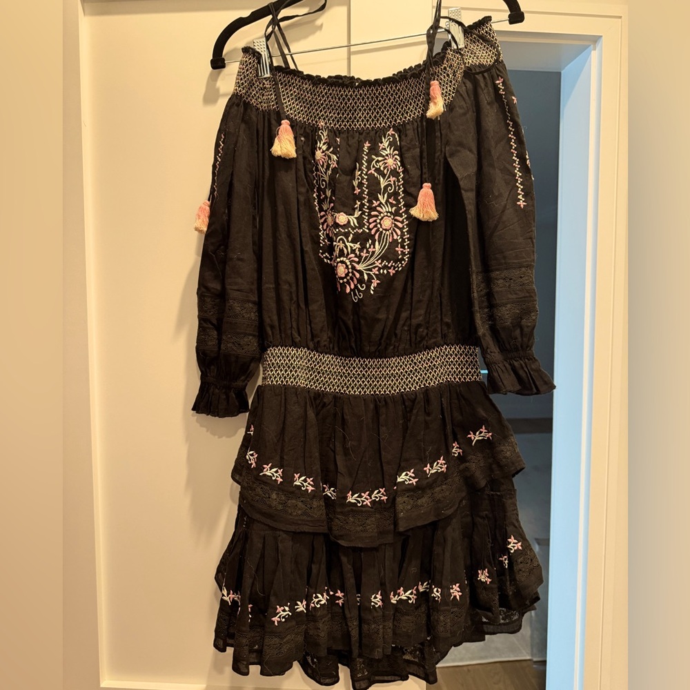 LoveShackFancy off the shoulder mini dress, black, size XS